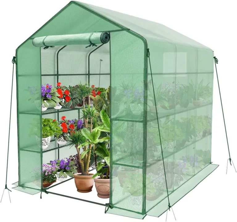 VOUNOT® Gewächshaus Foliengewächshaus, begehbares Gartenhäuschen mit 12 Regalebenen, Tomatenhaus Tomatengewächshaus, Grün 143x215x195cm – Bild 2