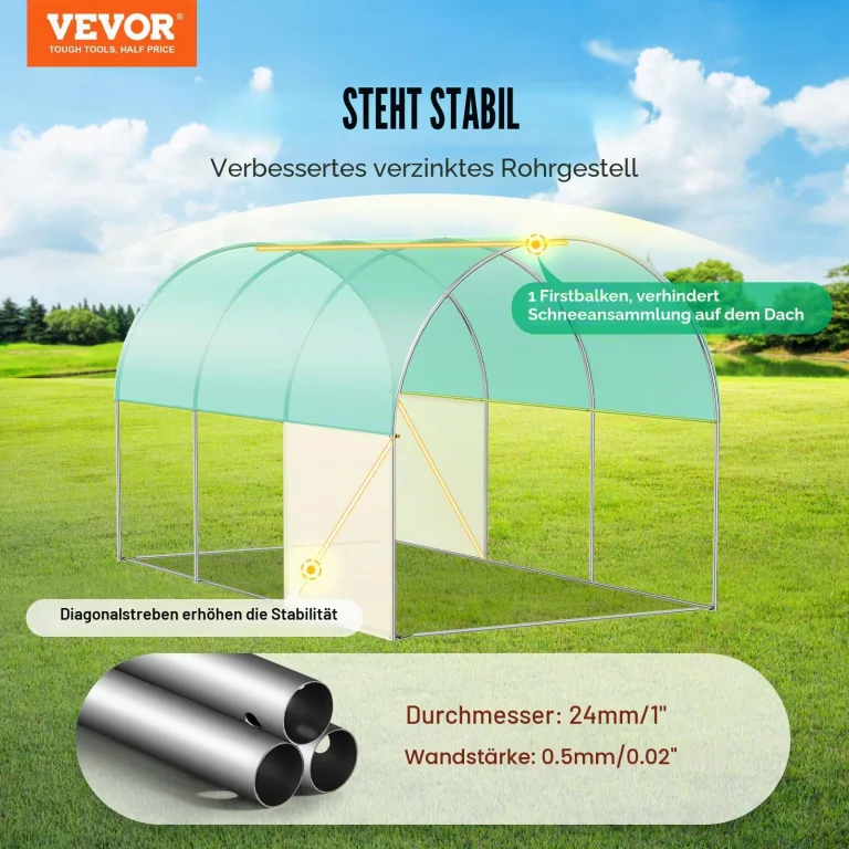 VEVOR Foliengewächshaus, 345 x 195 x 192 cm, Tomatengewächshaus, Treibhaus mit verzinktem Stahlrahmen, grüner PE-Abdeckung, aufrollbarer Reißverschlusstür und 6 Fenstern für den Außenbereich – Bild 2