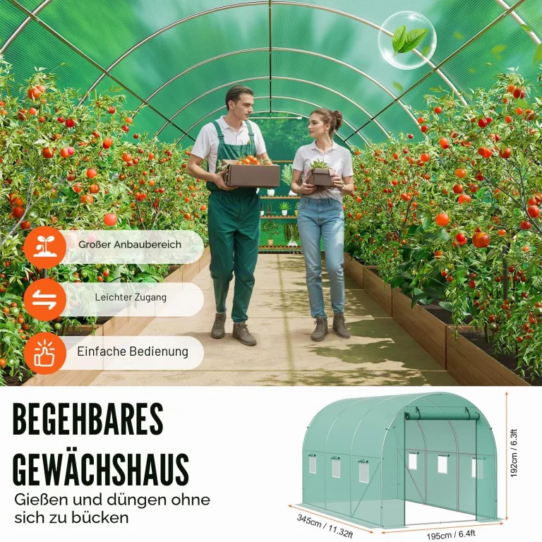 VEVOR Foliengewächshaus, 345 x 195 x 192 cm, Tomatengewächshaus, Treibhaus mit verzinktem Stahlrahmen, grüner PE-Abdeckung, aufrollbarer Reißverschlusstür und 6 Fenstern für den Außenbereich – Bild 5