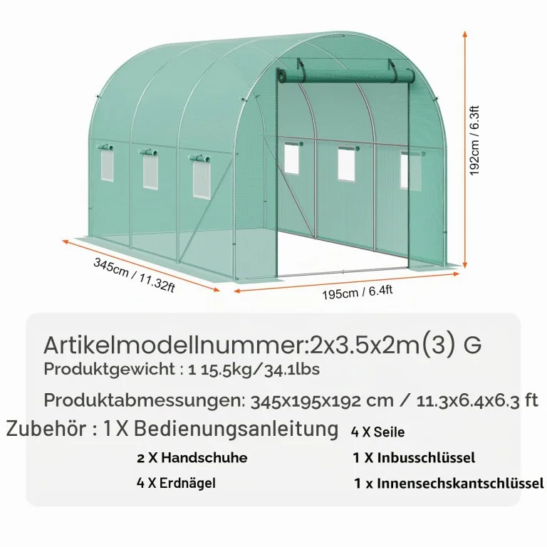 VEVOR Foliengewächshaus, 345 x 195 x 192 cm, Tomatengewächshaus, Treibhaus mit verzinktem Stahlrahmen, grüner PE-Abdeckung, aufrollbarer Reißverschlusstür und 6 Fenstern für den Außenbereich – Bild 7