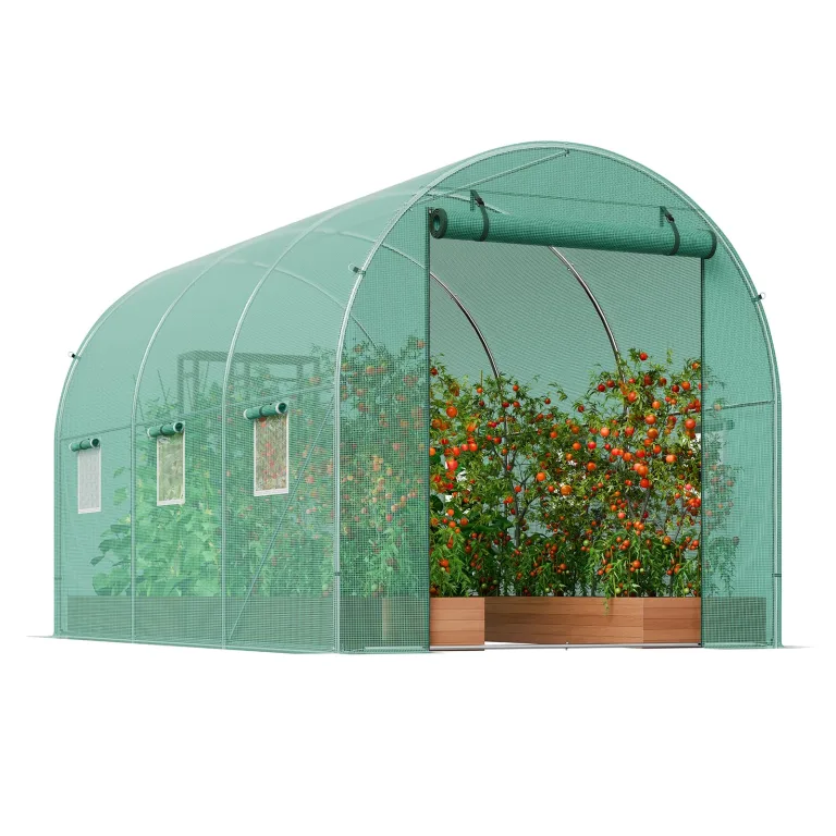 VEVOR Foliengewächshaus, 345 x 195 x 192 cm, Tomatengewächshaus, Treibhaus mit verzinktem Stahlrahmen, grüner PE-Abdeckung, aufrollbarer Reißverschlusstür und 6 Fenstern für den Außenbereich – Bild 9