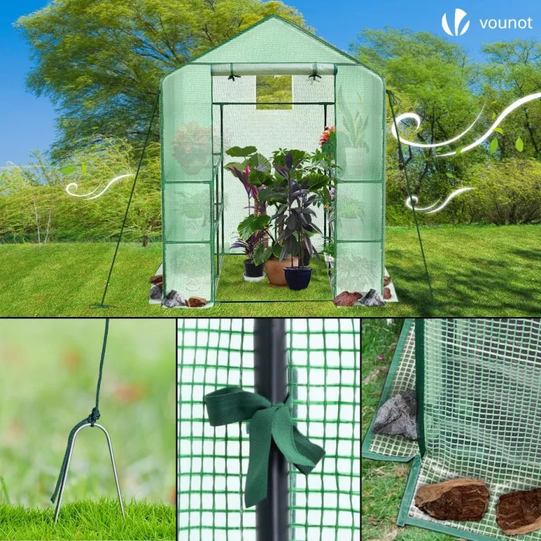 VOUNOT® Gewächshaus Foliengewächshaus, begehbares Gartenhäuschen mit 8 Regalebenen, Tomatenhaus Tomatengewächshaus, Grün 143x143x195cm – Bild 8