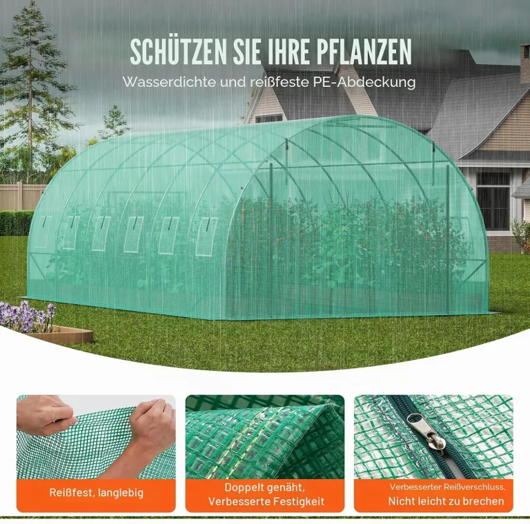 VEVOR Foliengewächshaus, 590 x 295 x 198 cm, Tomatengewächshaus, Treibhaus mit verzinktem Stahlrahmen, grüner PE-Abdeckung, aufrollbarer Reißverschlusstür und 12 Fenstern für den Außenbereich – Bild 3