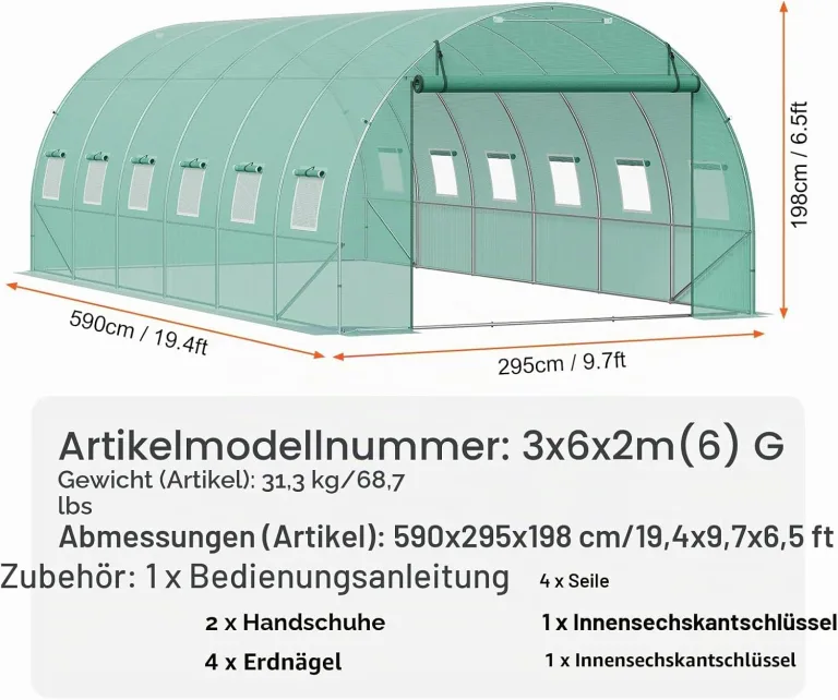 VEVOR Foliengewächshaus, 590 x 295 x 198 cm, Tomatengewächshaus, Treibhaus mit verzinktem Stahlrahmen, grüner PE-Abdeckung, aufrollbarer Reißverschlusstür und 12 Fenstern für den Außenbereich – Bild 7