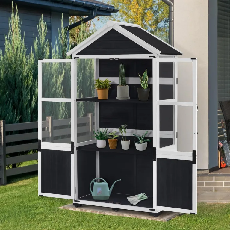 M MCombo Gartenschrank Holz Klein, Outdoor Gartenhaus Geräteschuppen Wetterfest, Gewächshaus für den Außenbereich Balkon Terrasse, 100 × 53 × 178 cm, 0111 (Anthrazitgrau) – Bild 2
