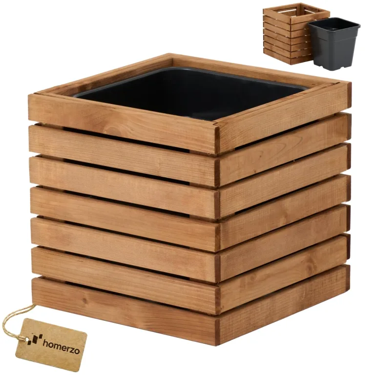 Pflanzkübel Holz – imprägniert wetterfest – mit herausnehmbarem Kunststoffeinsatz – Hochbeet Blumenkasten für Balkon Garten Terrasse (Vertikal-braun 98x36 H55 cm) – Bild 7