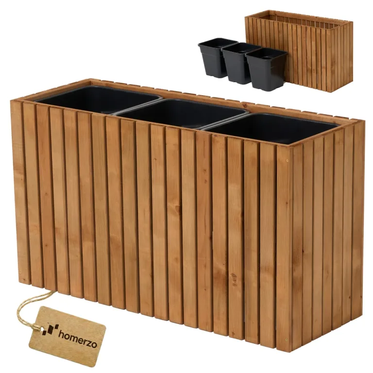 Pflanzkübel Holz – imprägniert wetterfest – mit herausnehmbarem Kunststoffeinsatz – Hochbeet Blumenkasten für Balkon Garten Terrasse (Vertikal-braun 98x36 H55 cm) – Bild 1