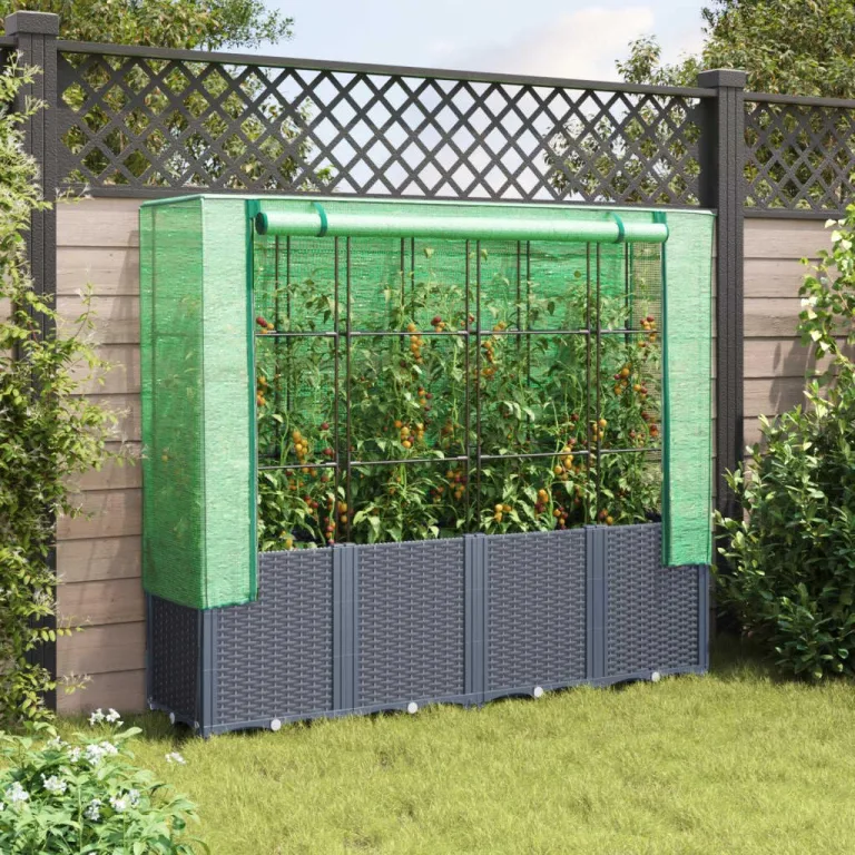 Hochbeet mit Gewächshaus-Aufsatz Kräuterbeet Blumenkasten Frühbeet für Garten Pflanzkasten mit Gewächshaus Blumenbeet Pflanzenbeet Gartenbeet Gemüsebeet Dunkelgrau 160x40x153 cm PP – Bild 3
