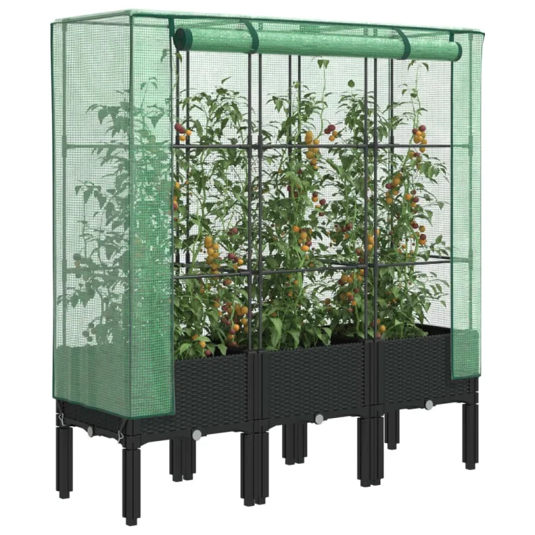 Hochbeet mit Aufsatz und Rollen Kräuterbeet Blumenbeet Frühbeet für Garten Pflanzenbeet Anzuchtbeet Pflanzkasten mit Gewächshaus Gartenbeet Gemüsebeet Wetterfest Schwarz 50x80x182 cm PP – Bild 9