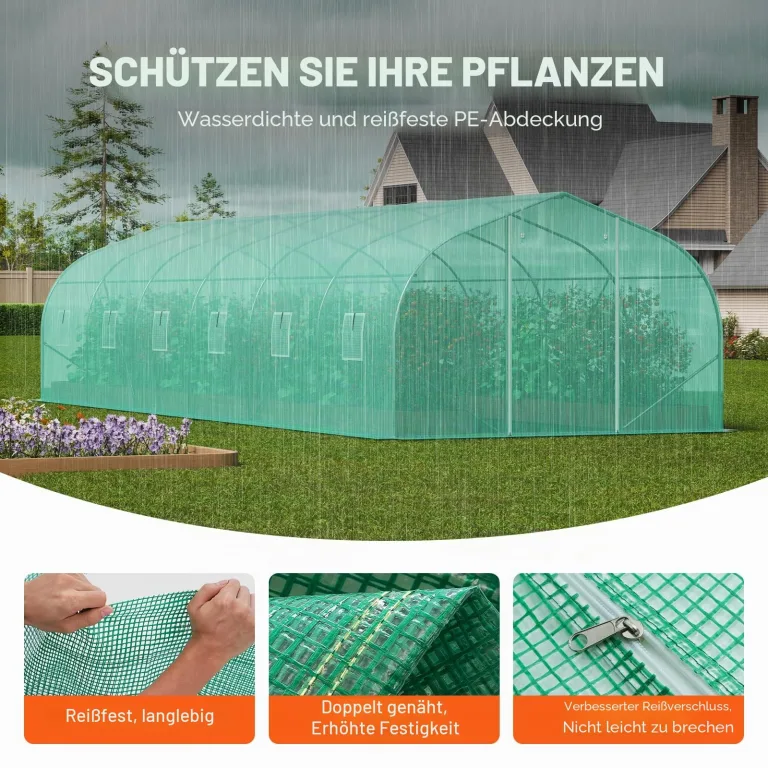VEVOR begehbares Tunnel-Gewächshaus, 900x300x200cm Treibhaus, Spitzdach-Tomatenhaus mit verzinktem Stahlrahmen, grüner PE-Abdeckung, aufrollbarer Reißverschlusstür und 12 Fenstern für den Außenbereich – Bild 3