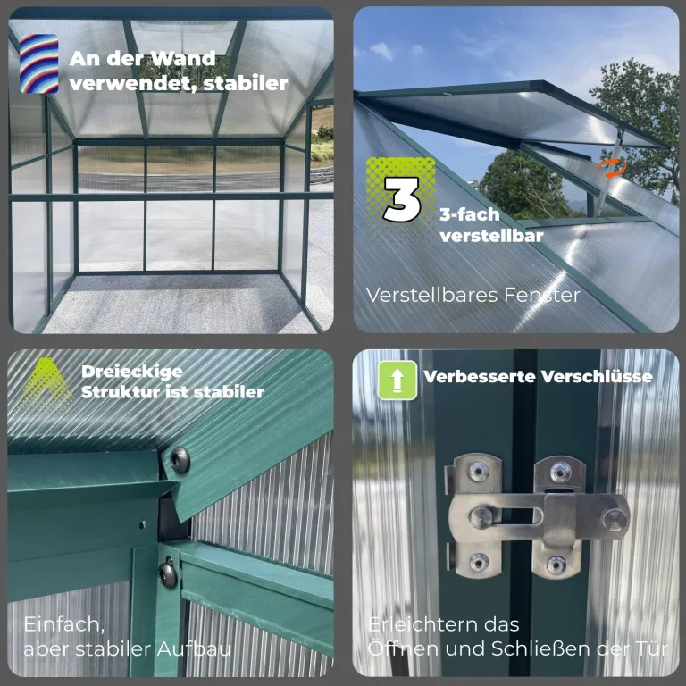 Anlehngewächshaus Tomatenhaus 181x122x195cm Aluminium Beistell-Gewächshaus, Treibhaus Gartenhaus Frühbeet Ohne Rückwand, Winterfest Klein, Minigewächshaus, 2.2m², Grün – Bild 2