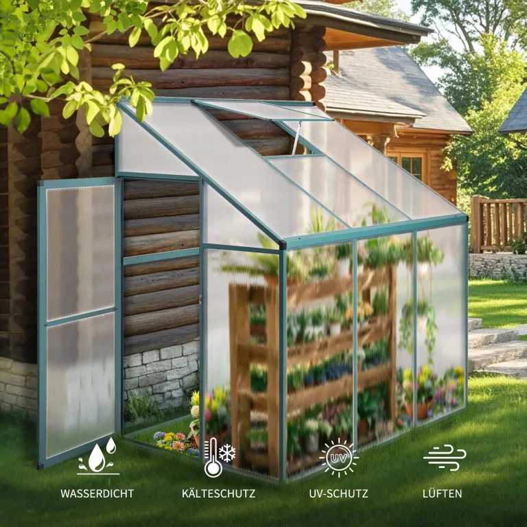 Anlehngewächshaus Tomatenhaus 181x122x195cm Aluminium Beistell-Gewächshaus, Treibhaus Gartenhaus Frühbeet Ohne Rückwand, Winterfest Klein, Minigewächshaus, 2.2m², Grün – Bild 4