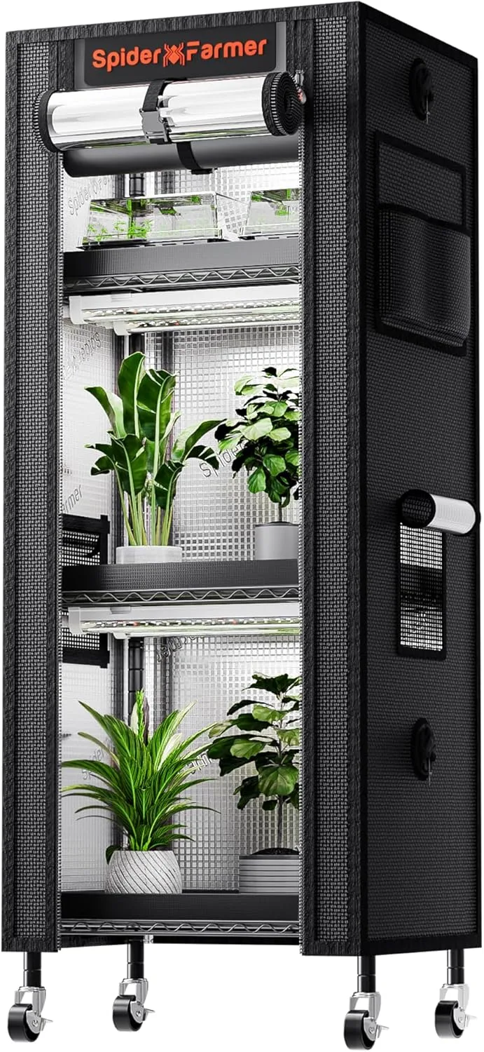 Spider Farmer 2025 Pflanzenständer Grow Lampe Kit, 4 Etagen Pflanze Regal mit 6 Stück 30cm Vollspektrum LED Lights und GrowZelt für Seed Starting Pflanzen Wachstum 40x30x120CM