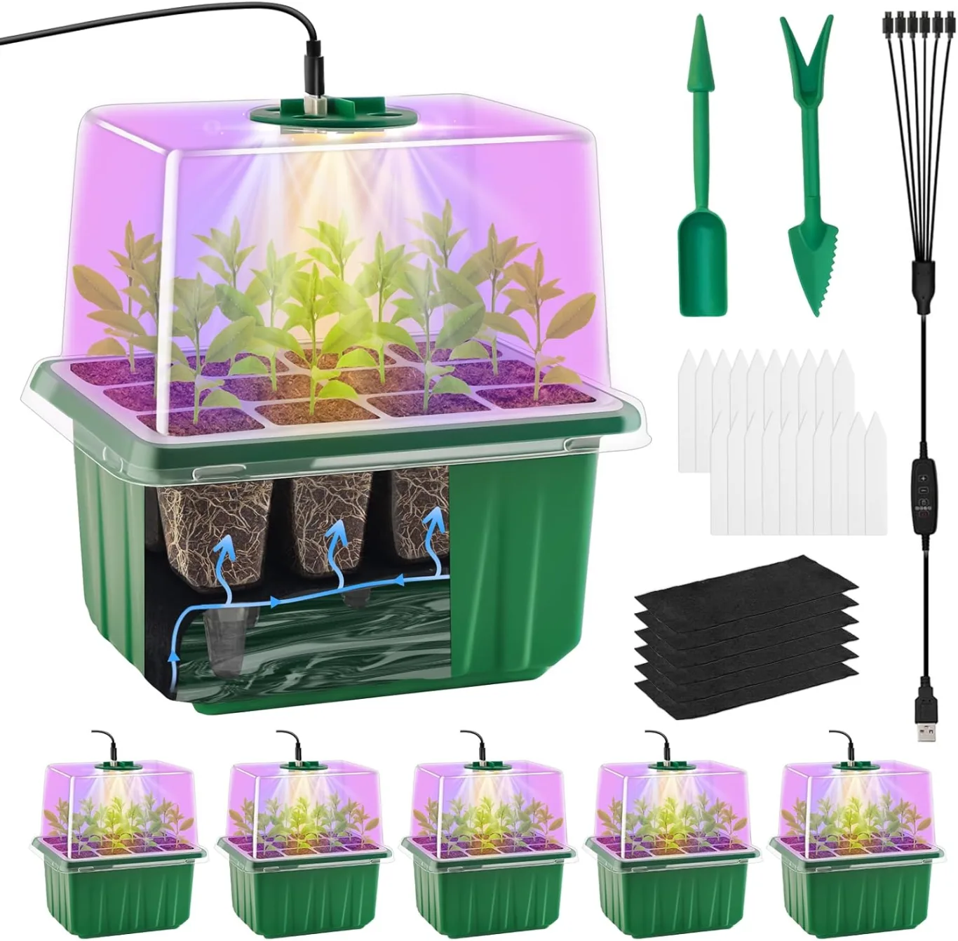 Selbstbewässerndes Saatgut-Startertablett mit zeitgesteuertem Wachstumslicht, 6 Packungen Pflanzen-Starter-Set mit Feuchtigkeitskuppeln, Mini-Gewächshaus für den Innenbereich, für - Bild 1