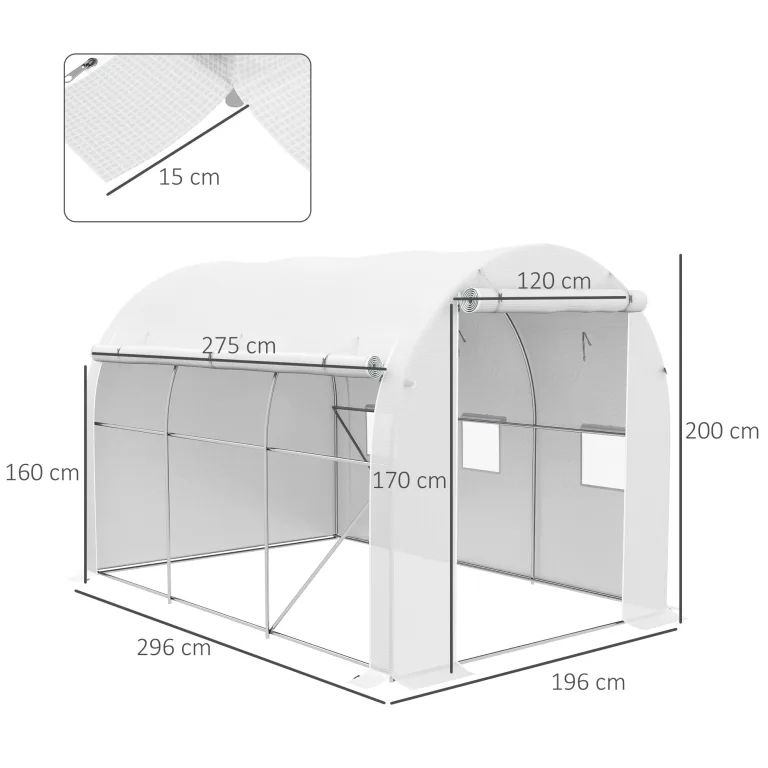 Outsunny Garten-Gewächshaus, 6 m², 3 x 2 m, mit 1 Tür + 2 aufrollbaren Seitenwänden mit Reißverschluss, 6 Fenster, verzinkter Stahl, Polyethylen, hohe Dichte, 140 g/m², UV-Schutz, Weiß – Bild 5