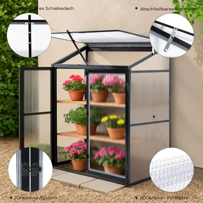 Aluminium Anlehngewächshaus Beistell Tomatengewächshaus klein Gewächshaus Doppeltür Treibhaus 140x55X130 cm schwarz – Bild 4