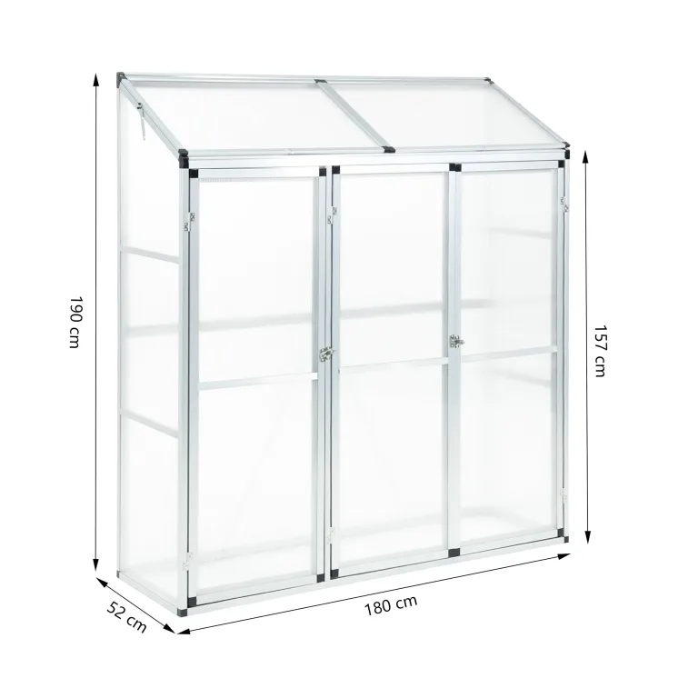 Aluminium Anlehngewächshaus Beistell Tomatengewächshaus klein Gewächshaus Dreitürig Treibhaus 190x52x182 cm Silber – Bild 2