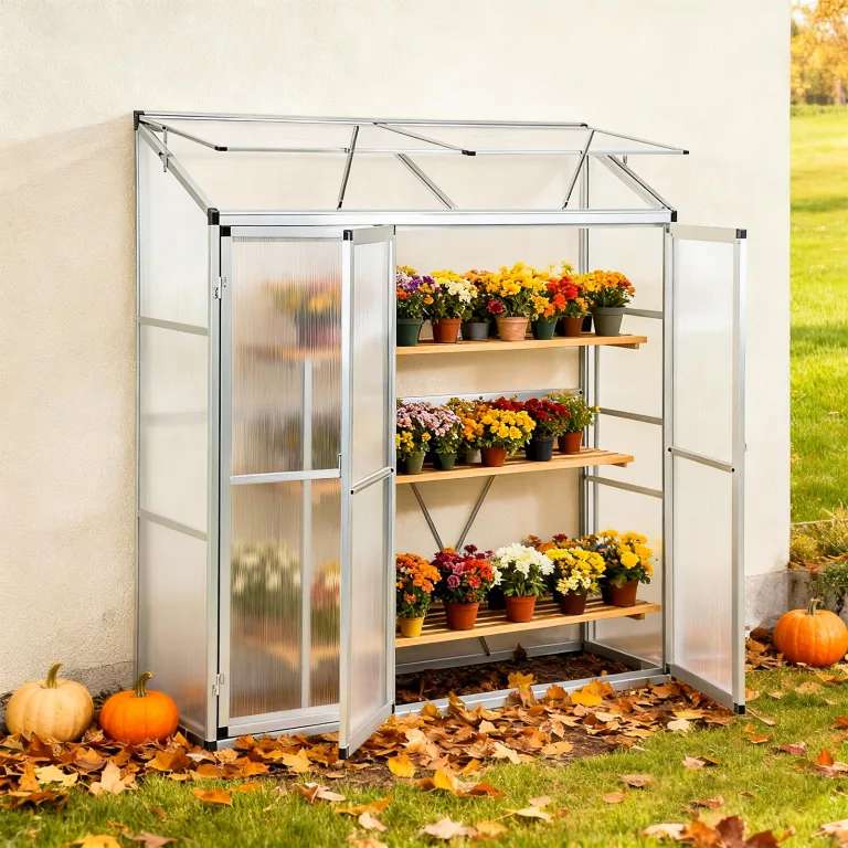 Aluminium Anlehngewächshaus Beistell Tomatengewächshaus klein Gewächshaus Dreitürig Treibhaus 190x52x182 cm Silber – Bild 1