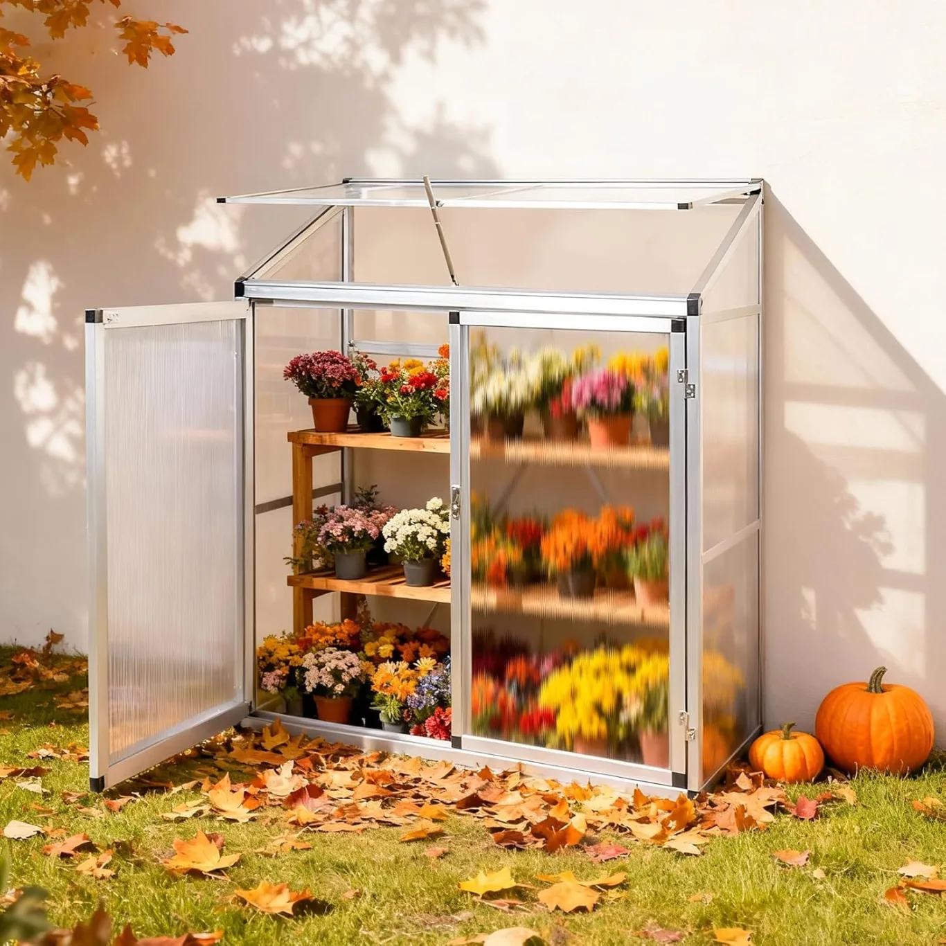 Aluminium Anlehngewächshaus Beistell Tomatengewächshaus klein Gewächshaus Dreitürig Treibhaus 140x52x130 cm Silber - Bild 1