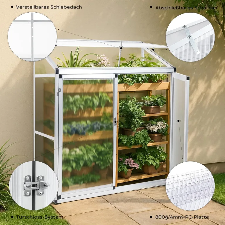 Aluminium Anlehngewächshaus Beistell Tomatengewächshaus klein Gewächshaus Dreitürig Treibhaus 140x52x130 cm Silber – Bild 4