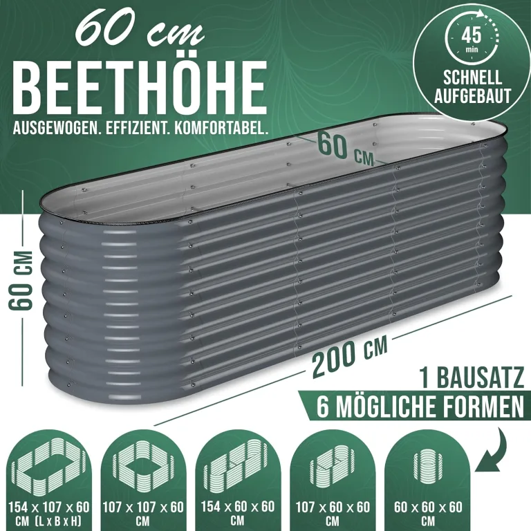 200x60x60 cm Hochbeet Metall I 6-in-1 Gartenbeet aus verzinktem Stahl I Pflanzbeet wetterfest & rostfrei I Ovales Gemüsebeet für Garten & Terasse I Hochbeet Bausatz ohne Boden (Anthrazit) – Bild 2