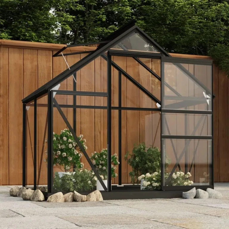 Gewächshaus im Garten Glas Anthrazit 155x103x191 cm Aluminium Gewächshaus Klein Frostschutz Pflanzen Winterschutz Gemüsehaus Treibhaus Gerätehaus Tomatenhaus UV-beständig&Wärmegedämmt – Bild 1