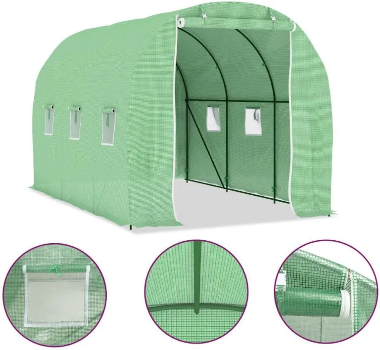 Gewächshaus im Garten Grün 6,86 m² 3,43x2x2 m Gewächshaus Frostschutz Pflanzen Winterschutz Gemüsehaus Treibhaus Winterfest Gerätehaus Tomaten Gewächshaus mit 6 Seitenfenstern und 1 Tür – Bild 6