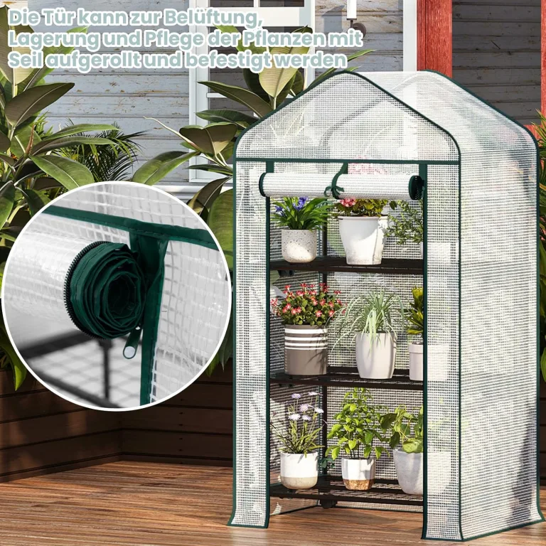 WOLTU Gewächshaus mit Rollen, Foliengewächshaus mit 4 Regalen, halbtransparentes Tomatengewächshaus mit aufrollbarer Tür, Winterschutz für Pflanzen, für Balkon Terrasse Garten, 70x50x131 cm, Weiß – Bild 5