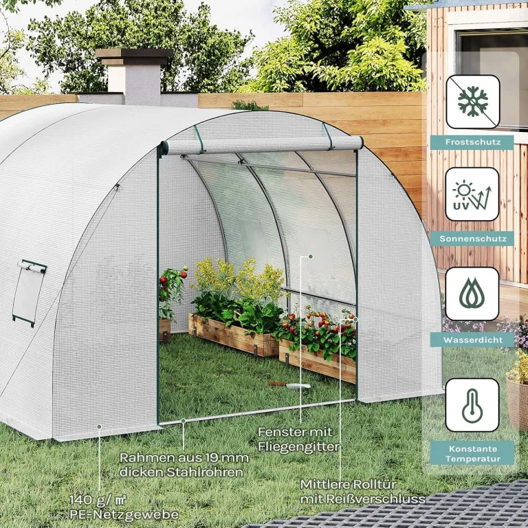 WOLTU Gewächshaus, Foliengewächshaus für Aufzucht Tomaten, Tomatenhaus Winterfest mit Tür 6 Fenstern, aus Stahlrohr PE, 300 x 300 x 200 cm, Weiß – Bild 4