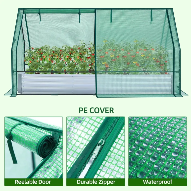 Ohuhu 3-in-1 Metall Hochbeet Frühbeet Set 240x120x30 cm, Verzinkter Stahl Pflanzkasten Hochbeet-kit mit 4 Türigem Foliengewächshaus – Ideal für Garten Gemüseanbau – Bild 4