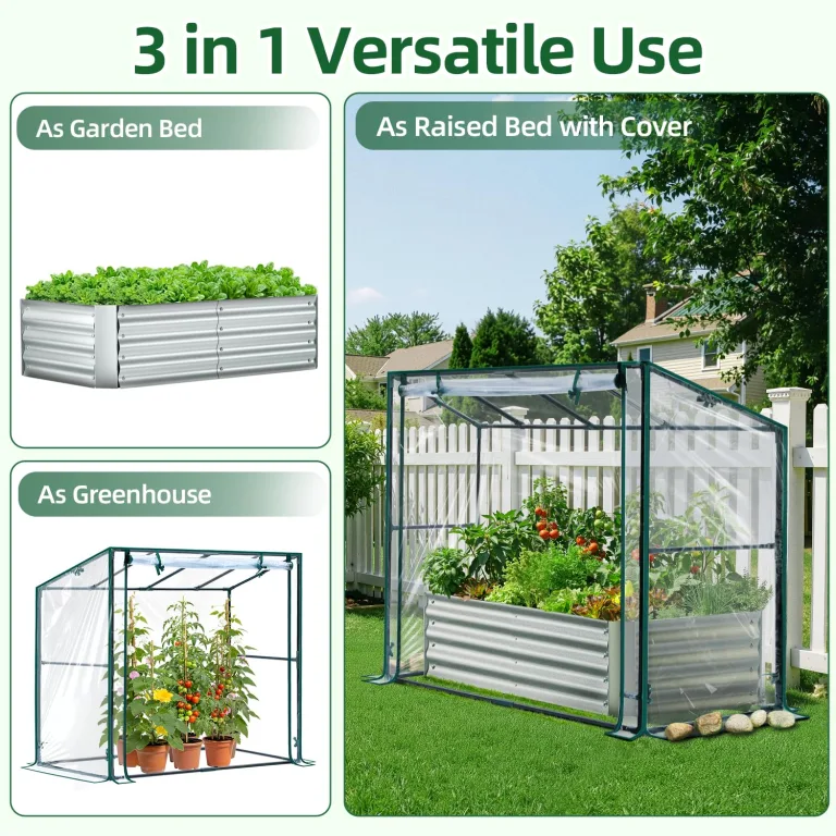 Ohuhu 3 in 1 Hochbeet Metall mit Gewächshaus Frühbeet & PVC Foliengewächshaus, Hochbeet Frühbeet mit Tomatenhaus Kräuterbeet mit Stahlrahmen Blumenkasten für Garten 120×60×30 cm – Bild 2