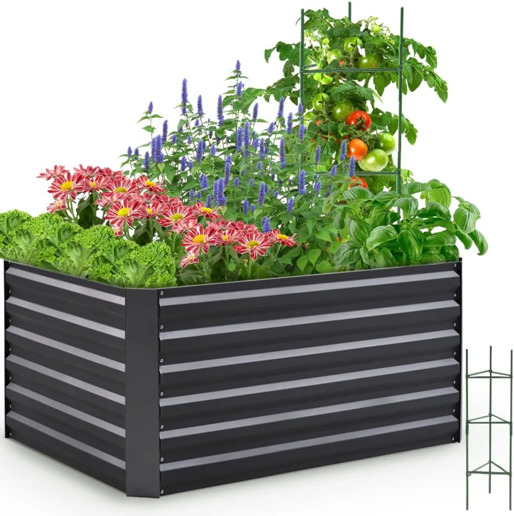Quictent Hochbeet Metall 120 x 90 x 56cm, Kräuterbeet ohne Boden für Garten, Gemüsebeet Pflanzkasten Frühbeet mit Tomatenkäfigen,Grau