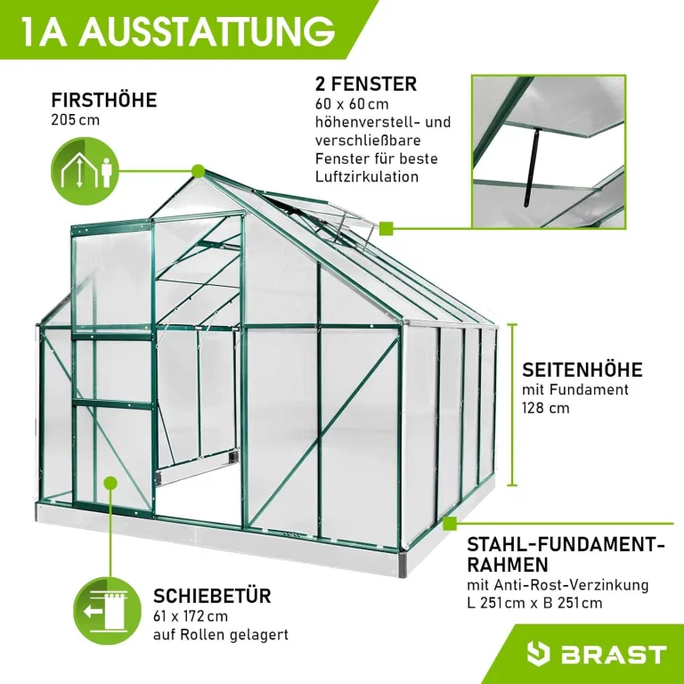 BRAST Gewächshaus Aluminium mit Fundament | 42 Modelle | 130x190x195cm - 490x250x235cm | TÜV geprüft | 6mm Hohlkammerplatten | rostfrei wetterfest temperaturbeständig | 250x250x205cm Grün – Bild 7