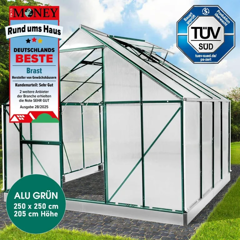 BRAST Gewächshaus Aluminium mit Fundament | 42 Modelle | 130x190x195cm - 490x250x235cm | TÜV geprüft | 6mm Hohlkammerplatten | rostfrei wetterfest temperaturbeständig | 250x250x205cm Grün – Bild 3