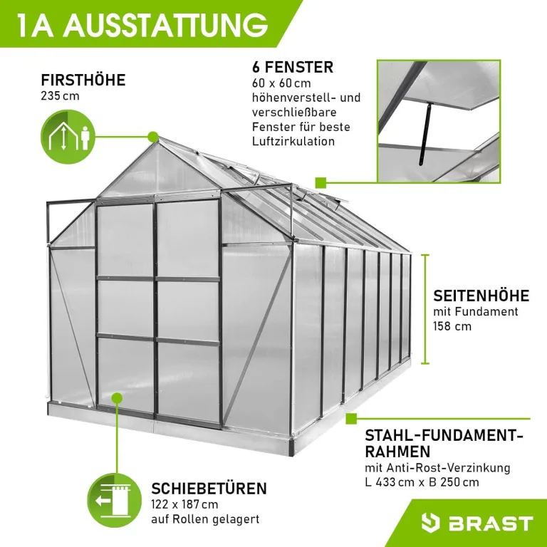 BRAST Gewächshaus Aluminium mit Fundament | 42 Modelle | 130x190x195cm - 490x250x235cm | TÜV geprüft | 6mm Hohlkammerplatten | rostfrei wetterfest temperaturbeständig | 430x250x235cm Grau – Bild 7