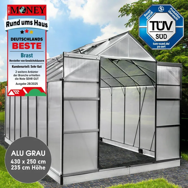 BRAST Gewächshaus Aluminium mit Fundament | 42 Modelle | 130x190x195cm - 490x250x235cm | TÜV geprüft | 6mm Hohlkammerplatten | rostfrei wetterfest temperaturbeständig | 430x250x235cm Grau – Bild 3