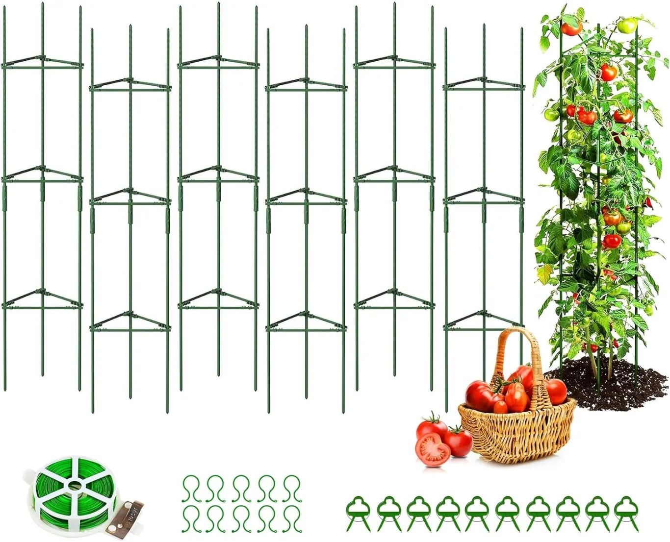 6 Stück Tomaten Rankhilfe 120 cm Höhe Tomate Rankhilfe im Set mit Twist Tie und clips Rankhilfe für Rosen Tomate Kletterpflanzen metall Pflanzenhalter für Tomate, Gurken, Rosen, Garten (Grün) - Bild 1