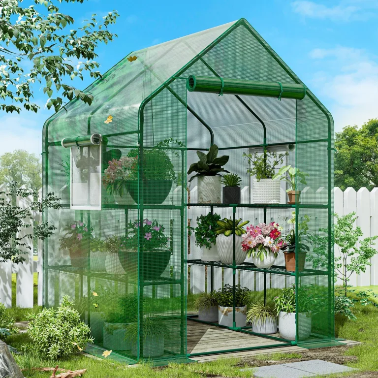 SPECILITE Begehbares Gewächshaus, 142 x 214 x 190 cm, robustes kleines Pflanzenhaus mit dicker PE-Abdeckung und Stahlrahmen, für Garten, Außen, Innenbereich, Grün – Bild 9