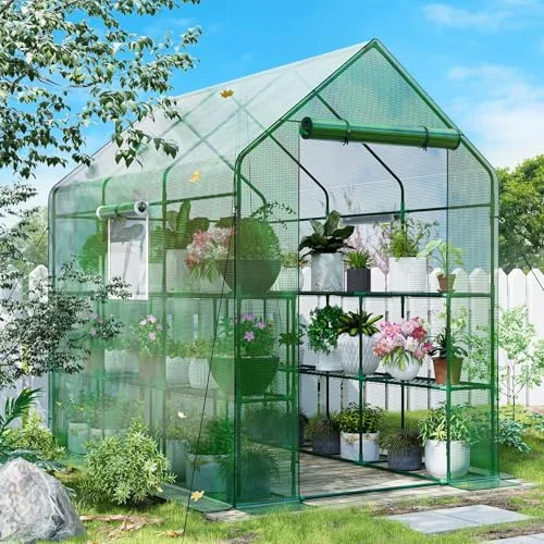 SPECILITE Begehbares Gewächshaus, 142 x 214 x 190 cm, robustes kleines Pflanzenhaus mit dicker PE-Abdeckung und Stahlrahmen, für Garten, Außen, Innenbereich, Grün – Bild 10