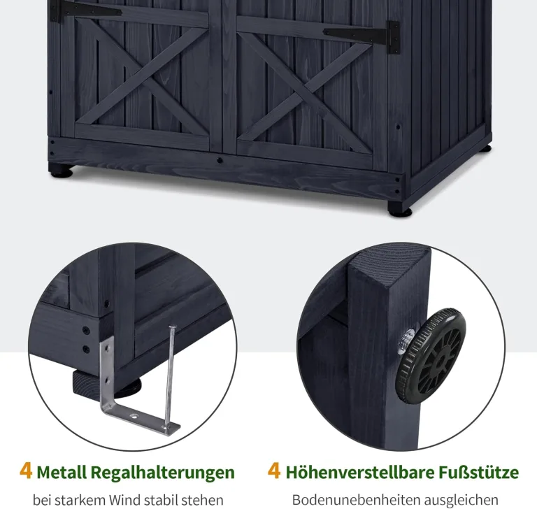 M MCombo Gartenschrank Gartenhaus Holz Wetterfest, Outdoor Wasserdicht Schrank mit Boden, für Außenbereich Balkon Terrasse, Aufbewahrungsschrank mit 2 Bewegliche Regale 74×99×193 cm (Anthrazitgrau) – Bild 6