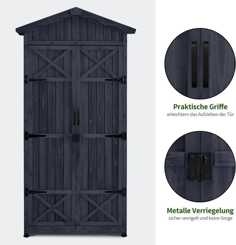 M MCombo Gartenschrank Gartenhaus Holz Wetterfest, Outdoor Wasserdicht Schrank mit Boden, für Außenbereich Balkon Terrasse, Aufbewahrungsschrank mit 2 Bewegliche Regale 74×99×193 cm (Anthrazitgrau) – Bild 7