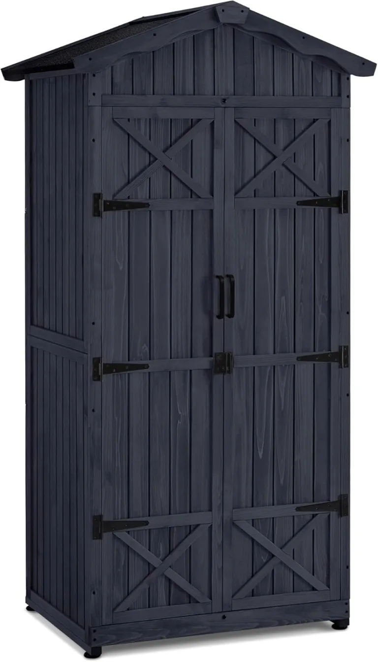 M MCombo Gartenschrank Gartenhaus Holz Wetterfest, Outdoor Wasserdicht Schrank mit Boden, für Außenbereich Balkon Terrasse, Aufbewahrungsschrank mit 2 Bewegliche Regale 74×99×193 cm (Anthrazitgrau) – Bild 1
