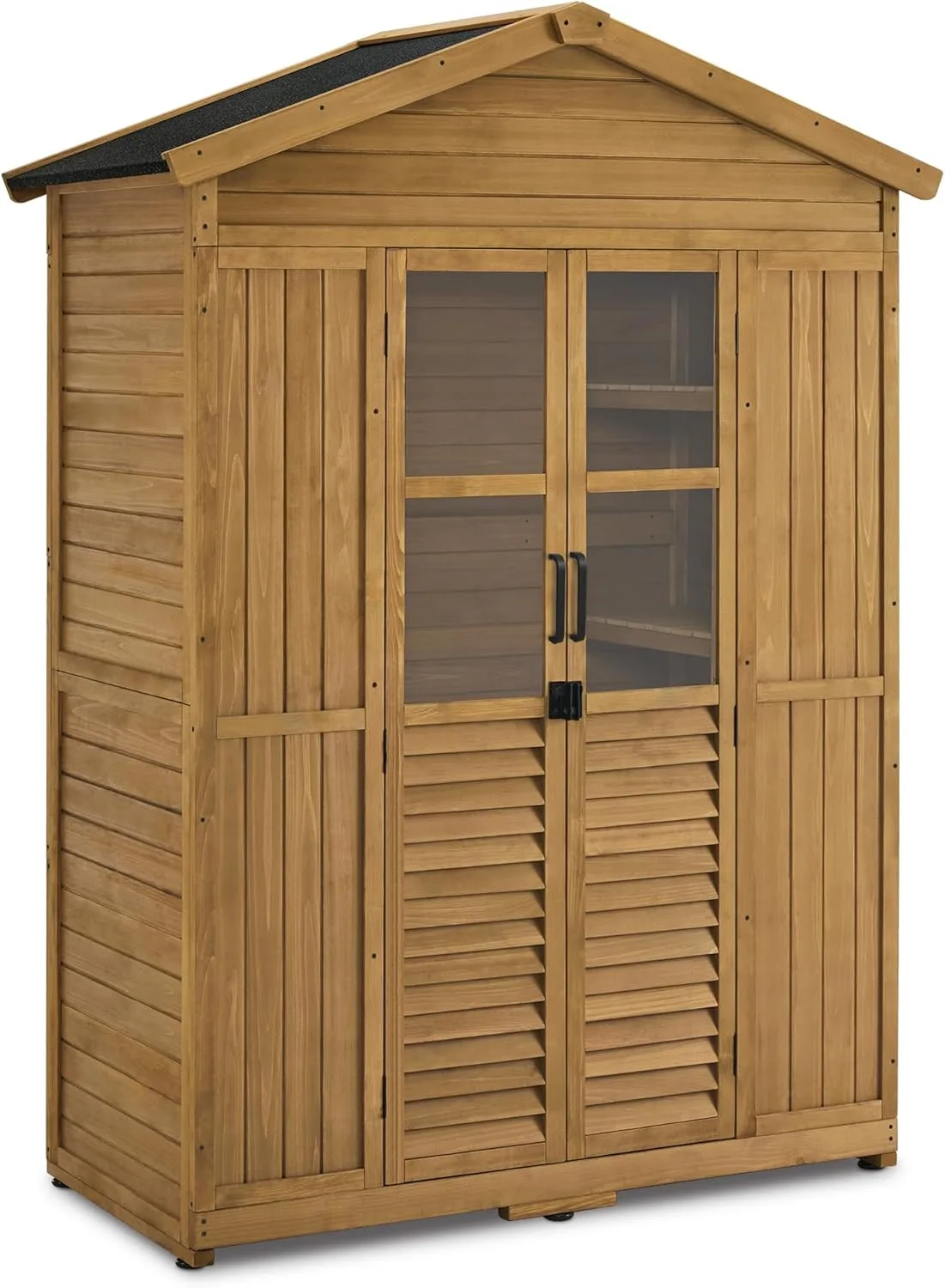 M MCombo Gartenschrank Gartenhaus Holz Wetterfest, Geräteschrank Holzschrank Outdoor Wasserdicht Begehbar, für Außenbereich Balkon Terrasse, Gerätehaus mit 6 Feste Regale 74×143×200 cm (Natur) - Bild 1