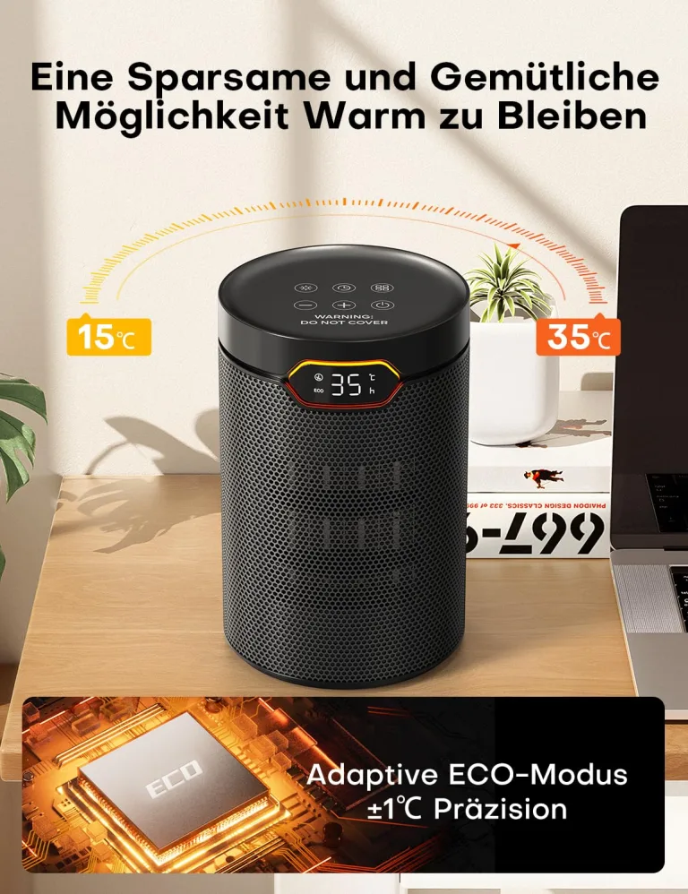 QEXREED Heizlüfter, 1500W, PTC Heizlüfter Energiesparend mit ECO Modus, 4 Heizmodi, Breeze Modus, Thermostat, 24H Timer, Fernbedienung, Überhitzungs- & Kippschutz, Tragbar & Leise, für Zuhause, Büro – Bild 5