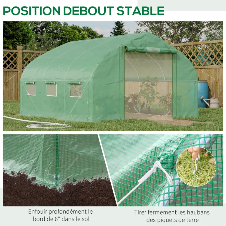 Outsunny Tunnelgewächshaus, 10,4 m², Gartenhaus, UV-beständig, Reißverschlusstür zum Aufrollen, Fenster aus Mesh, verzinktes Stahlrohr und PE 140g/㎡, 350 x 300 x 200 cm, grün – Bild 6