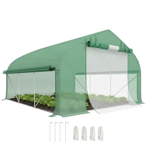 Outsunny Tunnelgewächshaus, 10,4 m², Gartenhaus, UV-beständig, Reißverschlusstür zum Aufrollen, Fenster aus Mesh, verzinktes Stahlrohr und PE 140g/㎡, 350 x 300 x 200 cm, grün – Bild 10