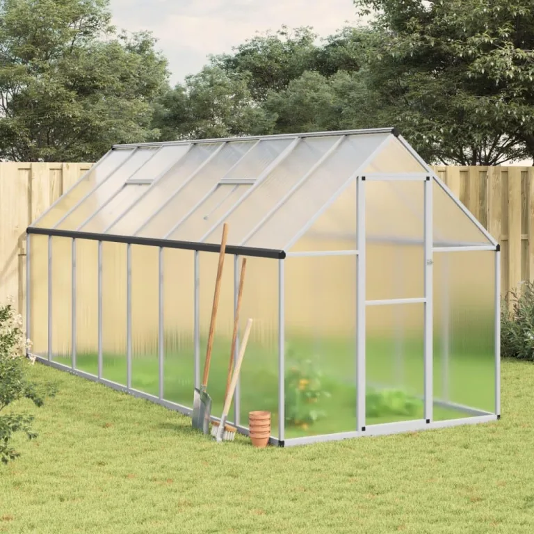 Festnight Gewächshaus mit Fundamentrahmen Gewächshaus Aluminium Gewächshaus Winterfest Garten glashaus UV-SchutzTreibhaus Aufzucht Pflanzenhaus Tomatenhaus-Silber-445 x 169 x 195 cm – Bild 1