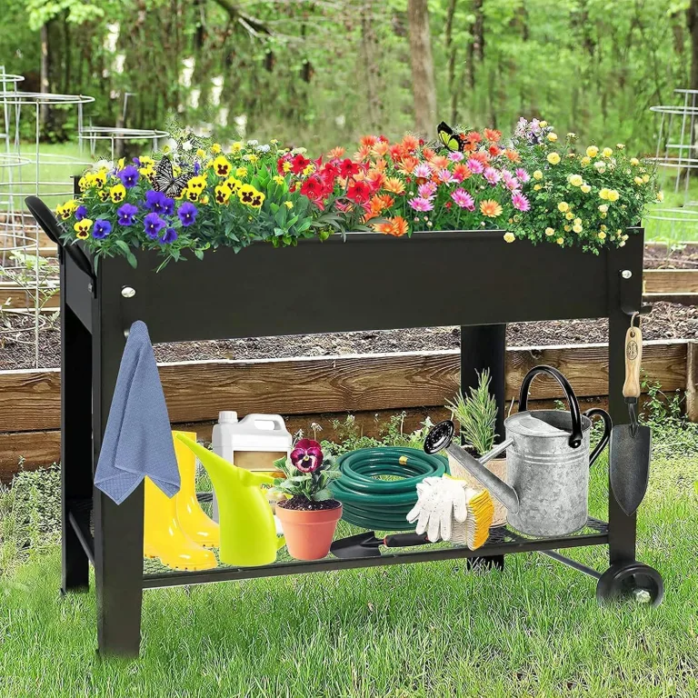 Hochbeet, Stehender Pflanzkasten, Blumenkasten mit Ablageboden, Kräuterbeet, Hochbeete-Kit aus Metall, Pflanzbeet Blumenbeet für Garten Balkon Terrasse, 100 x 28 x 80 cm, Rechteckig, Schwarz – Bild 8