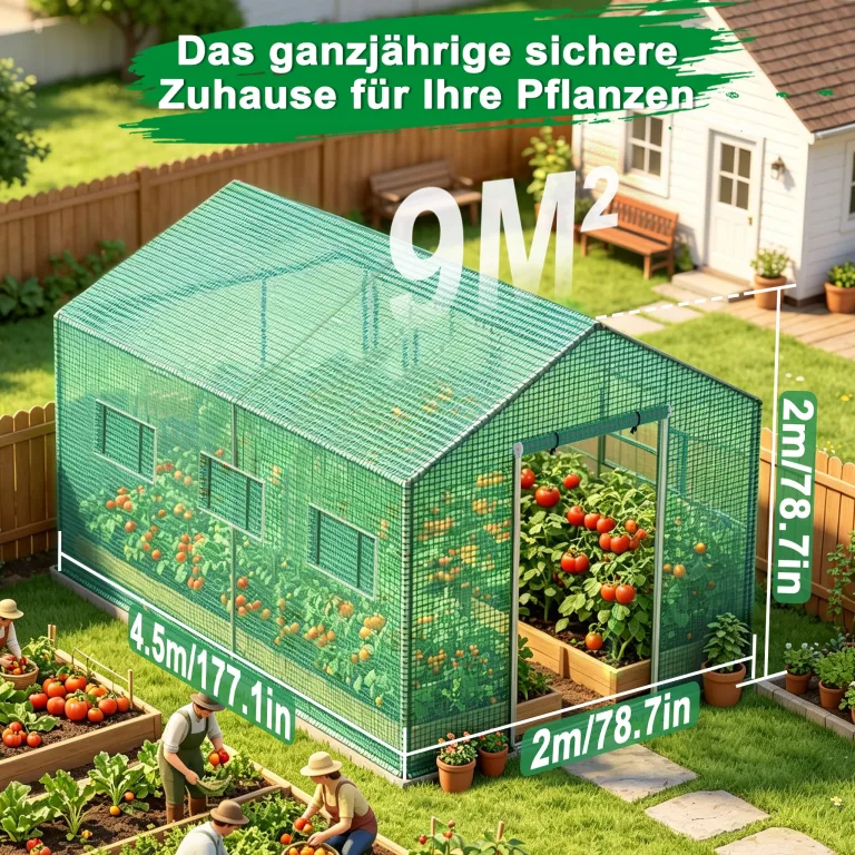 Froadp Gewächshaus Foliengewächshaus 4,5x2x2 m Folientunnel Winterfest Treibhaus Tomatengewächshaus 18 ㎡ Stabiles Tomatenhaus mit Verzinktem Stahlrohr inkl. Tür & Fenster, Grün – Bild 2