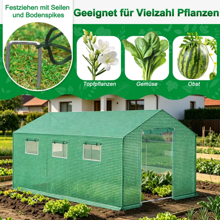 Froadp Gewächshaus Foliengewächshaus 4,5x2x2 m Folientunnel Winterfest Treibhaus Tomatengewächshaus 18 ㎡ Stabiles Tomatenhaus mit Verzinktem Stahlrohr inkl. Tür & Fenster, Grün – Bild 7